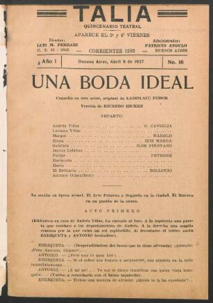 1937001600: Una boda ideal : comedia en tres actos