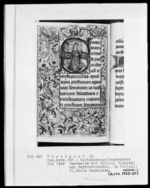 Lateinisches Stundenbuch (Sachsenheim-Gebetbuch) — Textseite mit historisierter Initiale und Drolerien, Folio 148verso