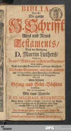 Biblia, Das ist Die gantze H. Schrifft Altes und Neues Testaments : nach der Ubersetzung D. Martin Luthers