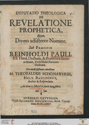 Disputatio Theologica De Revelatione Prophetica