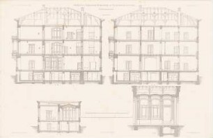 Städtisches Allgemeines Krankenhaus, Berlin-Friedrichshain: Querschnitte Verwaltungsgebäude (aus: Atlas zur Zeitschrift für Bauwesen, hrsg. v. G. Erbkam, Jg. 25, 1875)