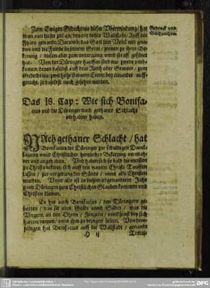 Das 18. Cap., Wie sich Bonifacius und die Düringer nach gethaner Schlacht verhalten haben