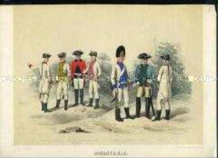 Uniformdarstellung, Unteroffiziere, Infanterie-Regimenter No. 11, No. 12, Invalidenkorps, No. 10, Grenadier mit Bärenfellmütze, Infanterie-Regiment No. 13, Feldjäger, Unteroffizier, Infanterie-Regiment No. 2, 1765. Aus Hauthal: "Geschichte der Sächsischen Armee", 1. Aufl. 1858.