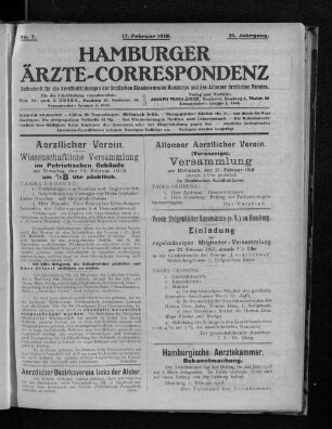 Altonaer Aerztlicher Verein. (Voranzeige). Versammlung am Mittwoch, den 27. Februar 1918 abends 8 Uhr pünktlich im Städtischen Krankenhause.