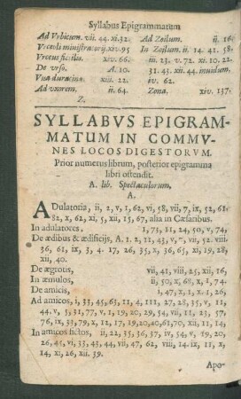 Syllabus Epigrammatum In Communes Locos Digestorum.