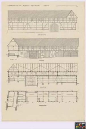 Blankenstein (Kreis Meißen): Hof Mehner. Torhaus (Straßen-Seiten-Ansicht, Hof-Seiten-Ansicht, Längsschnitt A-B, Grundriss des Erdgeschosses)