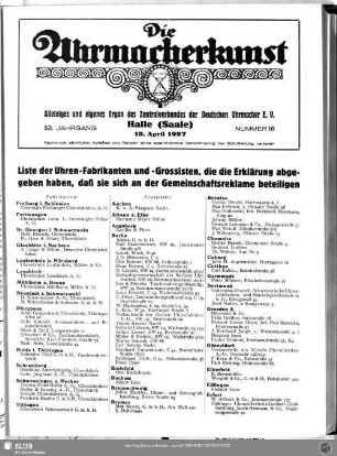 Liste der Uhren-Fabrikanten und -Grossisten, die die Erklärung abgegeben haben, daß sie sich an der Gemeinschaftsreklame beteiligen