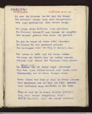 Morgentraum (Fegefeuer IX, 13 -33) : [SW X/XI: h2]; [SW X/XI, S. 63/177-178] / Geschrieben von Friedrich Gundolf. Korrigiert von Ernst Gundolf