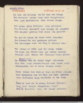 Morgentraum (Fegefeuer IX, 13 -33) : [SW X/XI: h2]; [SW X/XI, S. 63/177-178] / Geschrieben von Friedrich Gundolf. Korrigiert von Ernst Gundolf