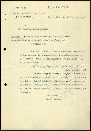 Reichsminister des Inneren an Oberste Reichsbehörden