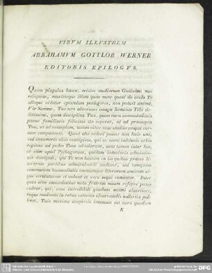 Virum illustrem Abrahamum Gottlob Werner editoris epilogus
