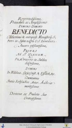 Reverendissimo Praenobili ac Amplissimo Domino Domino Benedicto …