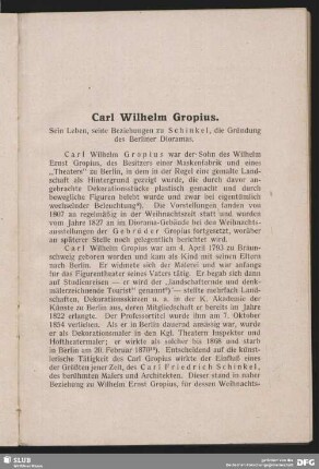 Carl Wilhelm Gropius, sein Leben, seine Beziehungen zu Schinkel, die Gründung des Berliner Dioramas