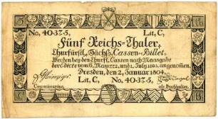 Geldschein, 5 Reichstaler, 2.1.1804