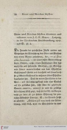 Bions und Moschus Idyllen übersetzt und erläutert von J. C. F. Manso