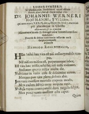 Lessus Funebris in præmaturum, beatissimun tamen obitum Nobilis, Clarissimi & Consultissimi Viri.