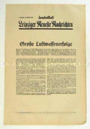 Sonderblatt der "Leipziger Neuesten Nachrichten" zu deutschen Luftangriffen gegen britische Handelsschiffe und die Städte Birmingham und New Castle