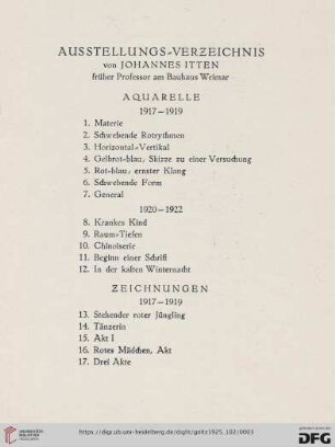 Ausstellungs-Verzeichnis von Johannes Itten früher Professor am Bauhaus Weimar