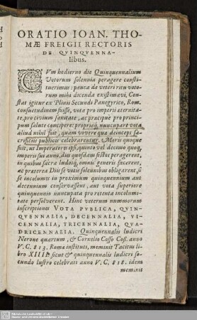 ORATIO IOAN. THOMAE FREIGII RECTORIS DE QUINQUENNALIBIS.