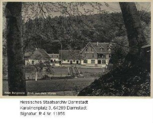 Mühltal bei Darmstadt-Eberstadt, Waldmühle (Haus Burgwald) in der Mordach / Blick auf die Mühle vom Wald aus
