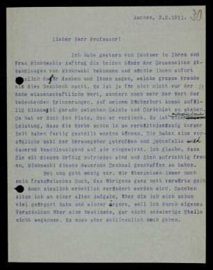 Nr. 30: Brief von Otto Blumenthal an David Hilbert, Aachen, 3.2.1911