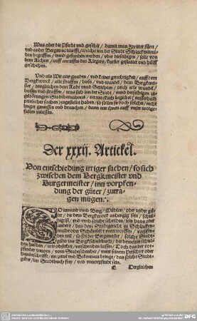 Der XXXII. Artickel. Von entschiedung irriger sachen/ so sich zwischen dem Bergkmeister und Burgermeister / inn vorpfendung der güter / zutragen mügen.