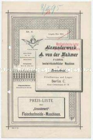 Preis-Liste über "Alexanderwerk"-Fleischschneide-Maschinen.