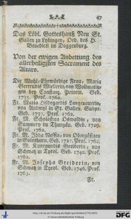 Das Löbl. Gotteshauß Neu St. Gallen zu Lybingen, Ord. des H. Benedicti im Doggenburg.