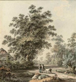 Landschaft mit Bauern und Kuh