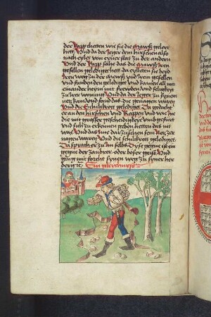 Der Jäger trägt seine abgebauten Netze davon; (Kapitel IV: Von der Taube und von treuen Gefährten).