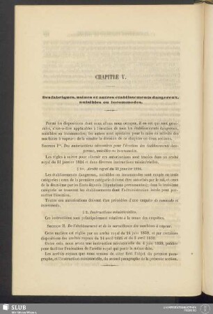 Chapitre V. Des fabriques, usines et autres établissements dangereux, nuisibles ou incommodes