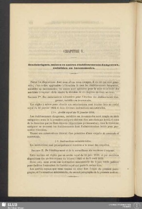 Chapitre V. Des fabriques, usines et autres établissements dangereux, nuisibles ou incommodes