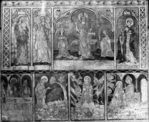 Heiligenfiguren in Nischen, Muttergottes und die Legende der heiligen Maria Magdalena (untere Reihe)