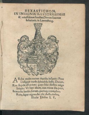Hexastichon, In Insignia ... Ducum Saxoniae Inferioris, in Lawenburg.