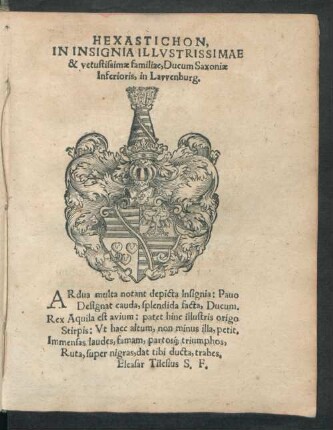 Hexastichon, In Insignia ... Ducum Saxoniae Inferioris, in Lawenburg.