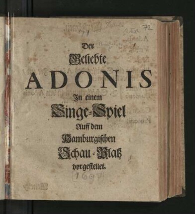 Der Geliebte Adonis : In einem Singe-Spiel Auff dem Hamburgischen Schau-Platz vorgestellet