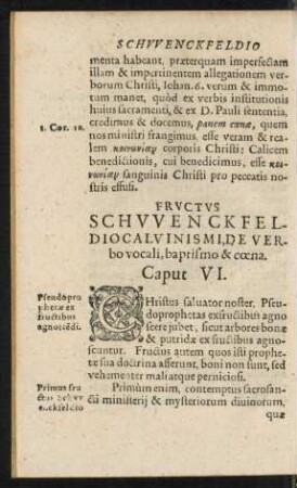 Fructus Schwenckfeldio Calvinismi, De Verbo vocali, baptismo & coena. Caput VI.