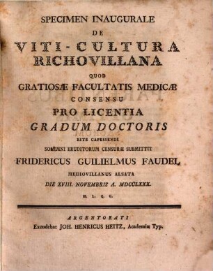 Specimen inaug. de viti-cultura Richovillana