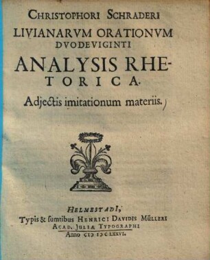 Livianarum orationum duodeviginti analysis rhetorica : Adjectis imitationum materiis