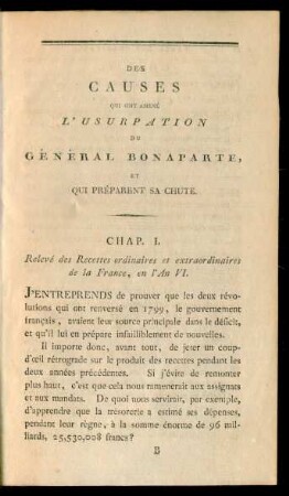 Chap. I. Relevé des Recettes ordinaires et extraordinaires de la France, en l'An VI.