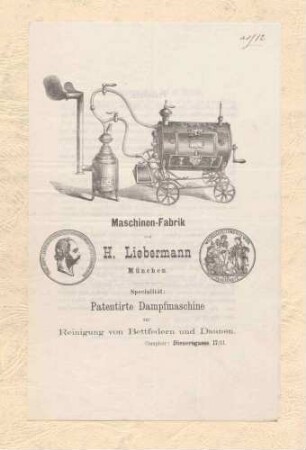 Patent des Fabrikanten H. Liebermann in München auf eigentümliche Anordnungen an Bettfedern und Reinigungsmaschinen