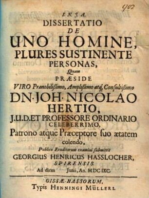 Dissertatio De Uno Homine, Plures Sustinente Personas