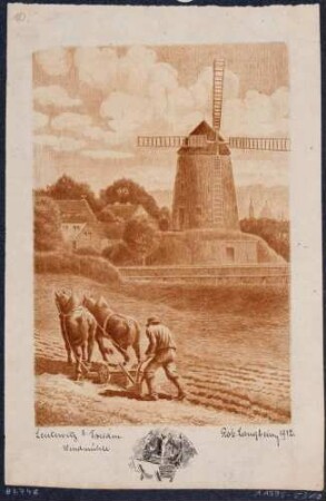Die Windmühle in Leutewitz bei Dresden, im Vordergrund pflügender Bauer, unten Randzeichnung zweier Pferdeköpfe an der Futterkrippe