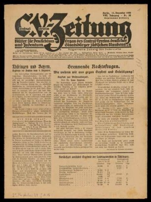 VIII. Jahrgang, Nr. 50, 13. Dezember 1929: Central-Verein-Zeitung : Blätter für Deutschtum und Judentum : Organ des Central-Vereins Deutscher Staatsbürger Jüdischen Glaubens e.V.