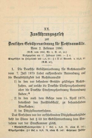XX. Ausführungsgesetz zur Deutschen Gebührenordnung für Rechtsanwälte. Vom 2. Februar 1880