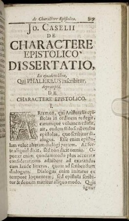Jo. Caselii De Charactere Epistolico Dissertatio [...]