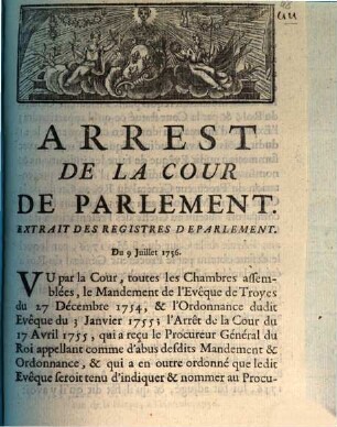 Arrest De La Cour De Parlement : Extrait Des Registres De Parlement. Du 9 Juillet 1756.
