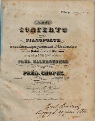 Grand concerto pour le pianoforte : avec accompagnement de l'orchestre ou de quintuor ad lib. ; oeuv. 11