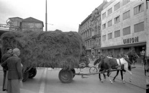 Pferdefuhrwerk im Straßenverkehr auf der Kaiserstraße.