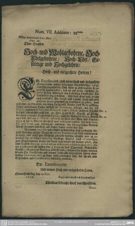 Num. VII. Additam: 12mum. Dictat. Ratisbonae d. 21. Nov. 1739. per Chur-Sachsen. Hoch- und Wohlgebohrne, Hoch-Edelgebohrne, Hoch-Edel, Gestrenge und Hochgelehrte, Hoch- und vielgeehrte Herren!